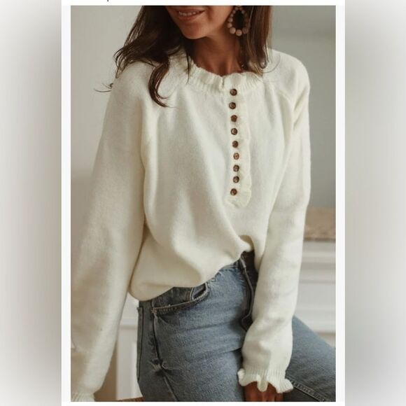 No Brand Sweaters - Irsutey Crew Neck Sweater Ruffle Knit Sweater Button Down Pullover Cream Small